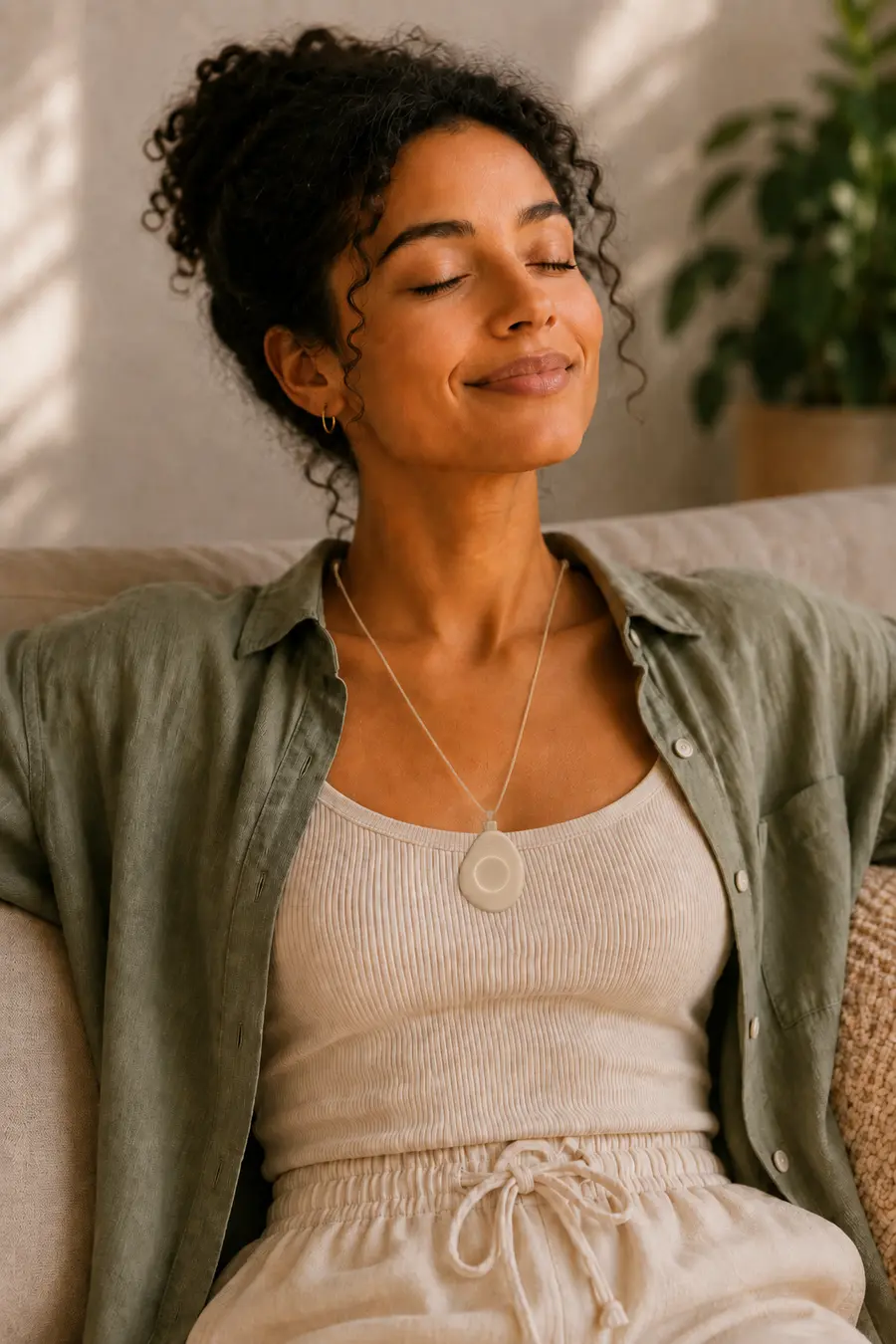 Woman sitting calmly on a sofa holding the Pranōa pendant