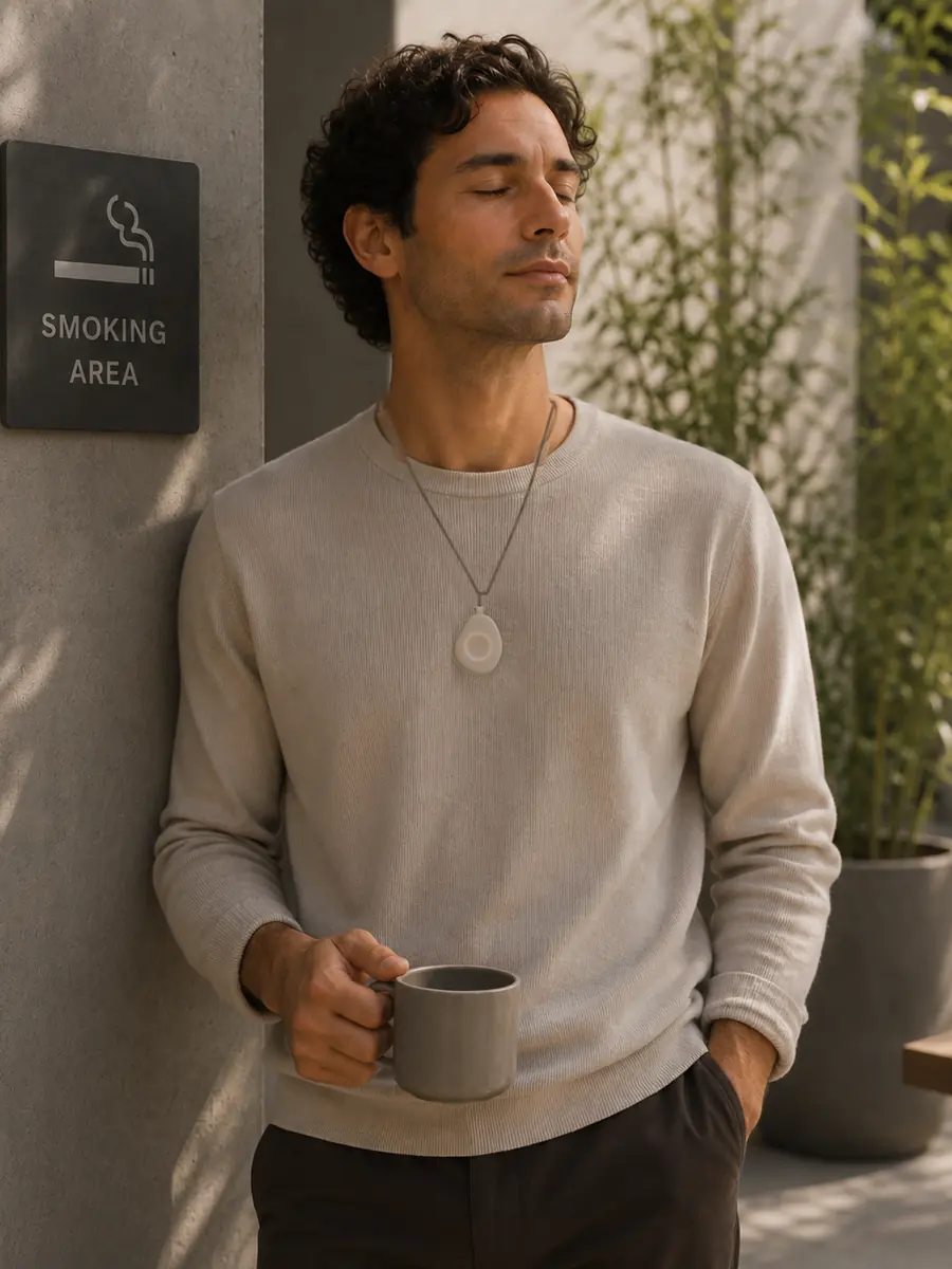 Man pausing near a smoking area, eyes closed, wearing the Pranōa pendant as an urge appears
