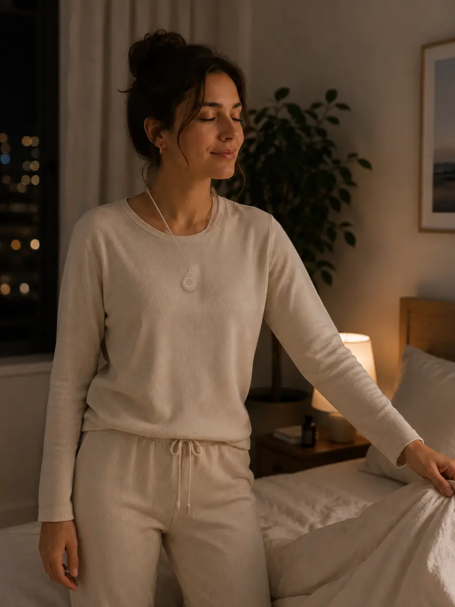 Woman by her bed at night, eyes closed, wearing the Pranōa pendant before sleep