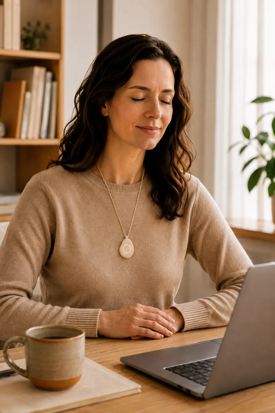 Woman at her desk with closed eyes, breathing calmly with the Pranōa pendant