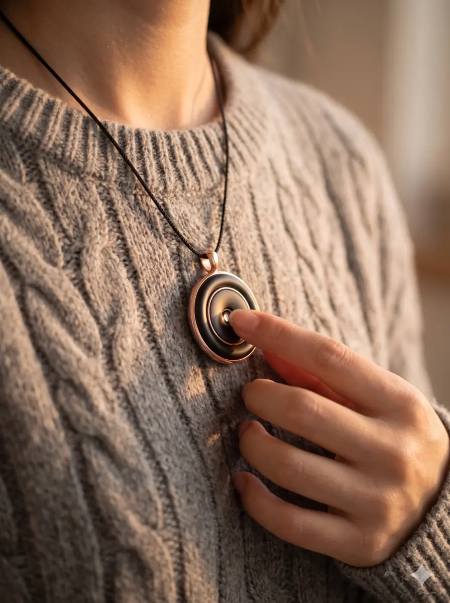Hand touching the Pranōa pendant when an urge appears