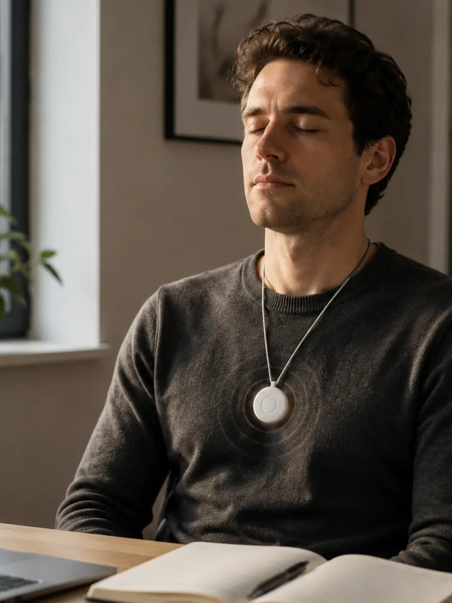 Man sitting back with closed eyes, wearing the Pranōa pendant