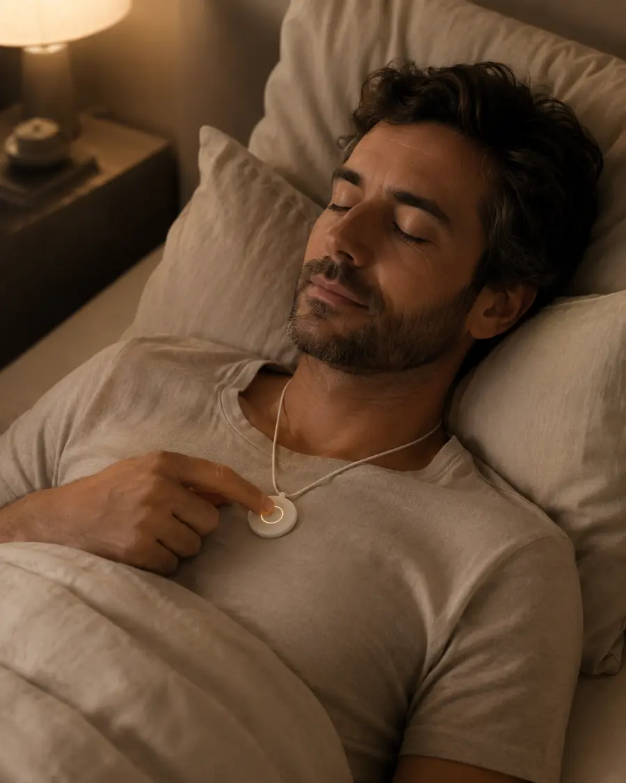 Man lying in bed touching the Pranōa pendant before sleep