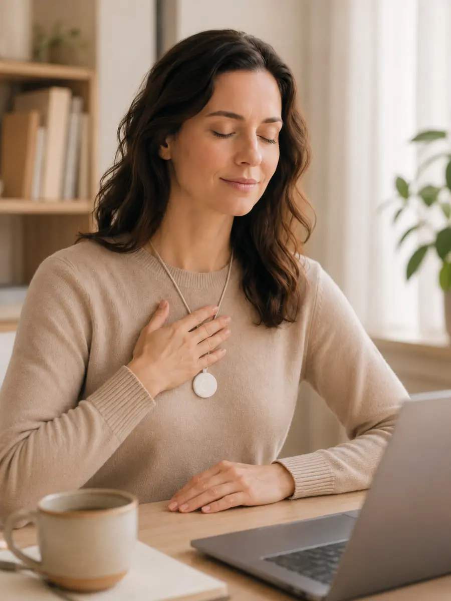 Woman at her desk, hand on chest, breathing with the Pranōa pendant